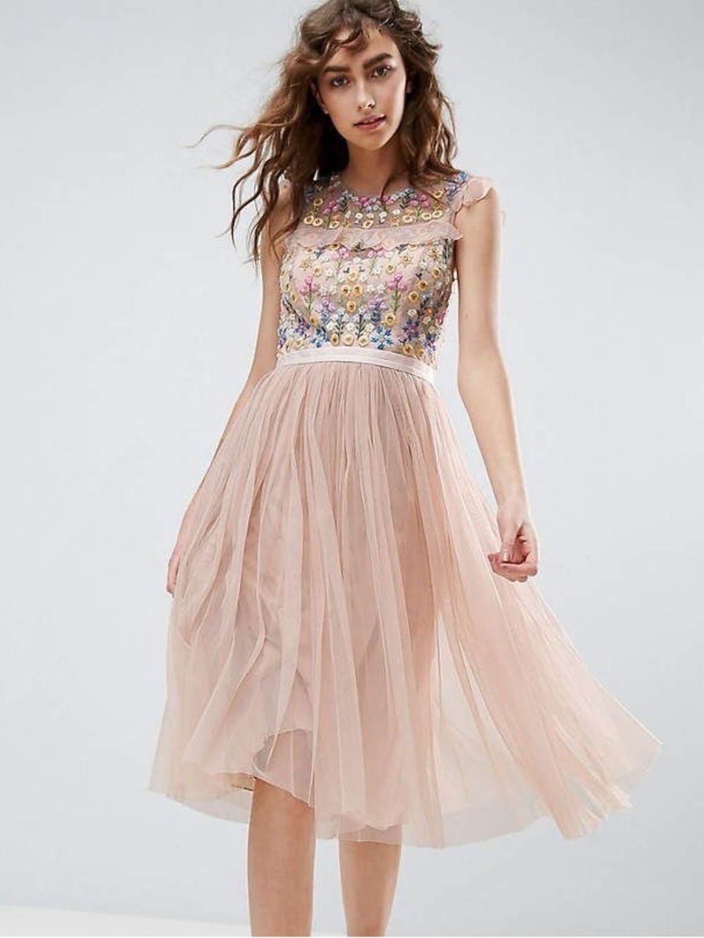 NWT NEEDLE & THREAD Floral Embroidery Midi Skater Dress Pink 4